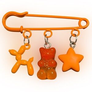 Orange Charm Safety Pin Brooch